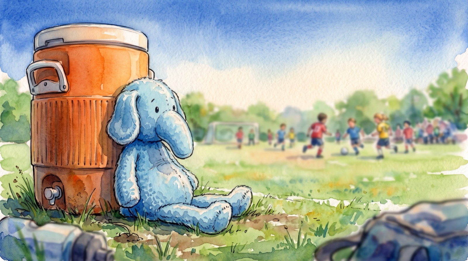 Storyboard frame from BLUE: the blue stuffed elephant leaning on a water cooler at the edge of a kids' soccer game